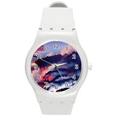 Cherry Blossom Tree On Cliff Digital Wallpaper Cherry Blossom On Cliff Mountain Nature Round Plastic Sport Watch (m) by danenraven