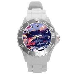 Cherry Blossom Tree On Cliff Digital Wallpaper Cherry Blossom On Cliff Mountain Nature Round Plastic Sport Watch (l)