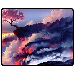 Cherry Blossom Tree On Cliff Digital Wallpaper Cherry Blossom On Cliff Mountain Nature Double Sided Fleece Blanket (medium)  by danenraven