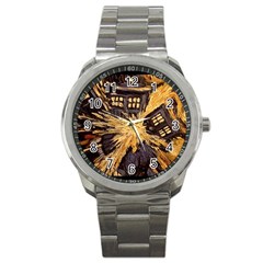 Brown And Black Abstract Painting Doctor Who Tardis Vincent Van Gogh Sport Metal Watch by danenraven