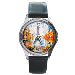 Eiffel Tower Landmark Architecture  Artistic Round Metal Watch by danenraven