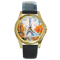 Eiffel Tower Landmark Architecture  Artistic Round Gold Metal Watch by danenraven