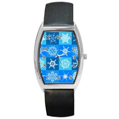 Xmas Christmas Pattern Snow Background Blue Decoration Barrel Style Metal Watch by danenraven