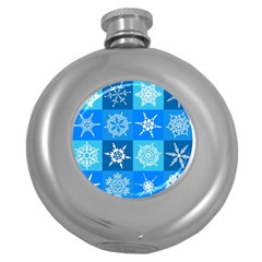 Xmas Christmas Pattern Snow Background Blue Decoration Round Hip Flask (5 Oz) by danenraven