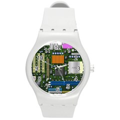 Illustration Motherboard Pc Computer Round Plastic Sport Watch (m) by danenraven