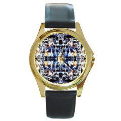 Cobalt Symmetry Round Gold Metal Watch by kaleidomarblingart