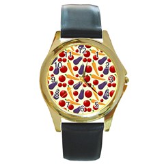 Vegetable Food Illustration Patterntexture Round Gold Metal Watch by Wegoenart