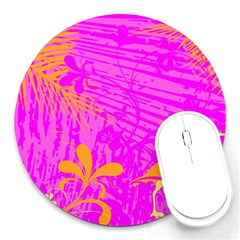 Spring Tropical Floral Palm Bird Pink Pattern Background Round Mousepads by Wegoenart