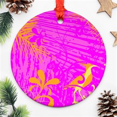 Spring Tropical Floral Palm Bird Pink Pattern Background Ornament (round) by Wegoenart