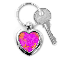 Spring Tropical Floral Palm Bird Pink Pattern Background Key Chain (heart) by Wegoenart