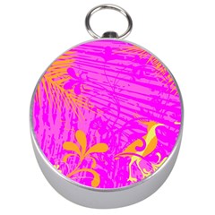 Spring Tropical Floral Palm Bird Pink Pattern Background Silver Compasses by Wegoenart