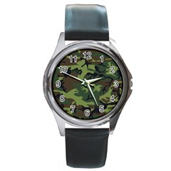 Green Brown Camouflage Round Metal Watch by nateshop