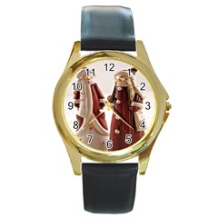 Christmas Figures 3 Round Gold Metal Watch by artworkshop