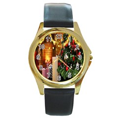 Christmas Tree And Presents Round Gold Metal Watch by artworkshop