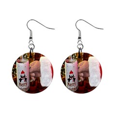 Merry Christmas - Santa Claus Holding Coffee Mini Button Earrings by artworkshop