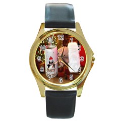 Merry Christmas - Santa Claus Holding Coffee Round Gold Metal Watch by artworkshop