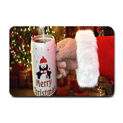 Merry Christmas - Santa Claus Holding Coffee Small Doormat  by artworkshop