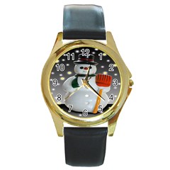 Snowman Round Gold Metal Watch by artworkshop