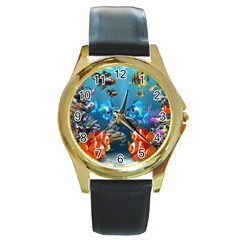 Aquarium Fish Tank Sea Life Round Gold Metal Watch by Wegoenart