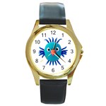 Fantasy 3d Bird Illustration 2 Round Gold Metal Watch Front