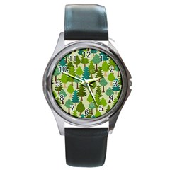 Seamless-forest-pattern-cartoon-tree Round Metal Watch by nateshop