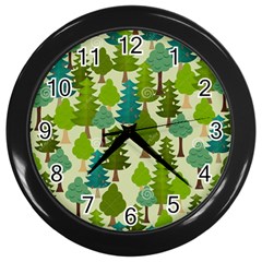 Seamless-forest-pattern-cartoon-tree Wall Clock (black) by nateshop