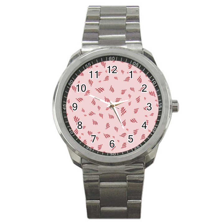 Grid Pattern Red Background Sport Metal Watch