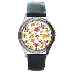 Watercolor-autumn-leaves-pattern-vector Round Metal Watch by nateshop