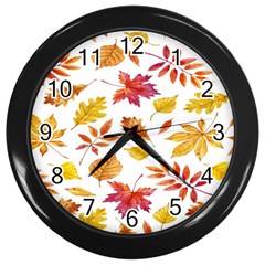 Watercolor-autumn-leaves-pattern-vector Wall Clock (black) by nateshop