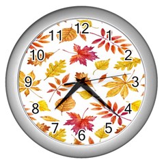 Watercolor-autumn-leaves-pattern-vector Wall Clock (silver) by nateshop