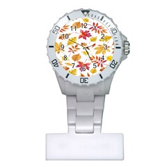 Watercolor-autumn-leaves-pattern-vector Plastic Nurses Watch by nateshop