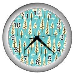 Vector-white-cartoon-trees-pattern Wall Clock (silver) by nateshop