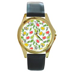 Fruit Fruits Food Illustration Background Pattern Round Gold Metal Watch by Ravend