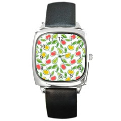 Fruit Fruits Food Illustration Background Pattern Square Metal Watch by Ravend