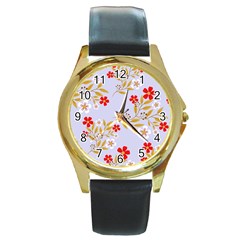 Nature Illustration Pattern Flower Floral Round Gold Metal Watch by Ravend