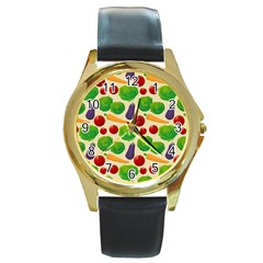 Food Illustration Pattern Texture Round Gold Metal Watch by Ravend