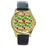 Food Illustration Pattern Texture Round Gold Metal Watch Front