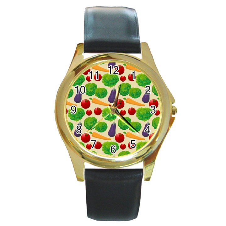 Food Illustration Pattern Texture Round Gold Metal Watch