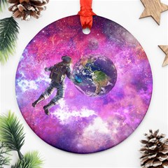 Astronaut Earth Space Planet Fantasy Round Ornament (two Sides) by Ravend