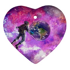 Astronaut Earth Space Planet Fantasy Heart Ornament (two Sides) by Ravend