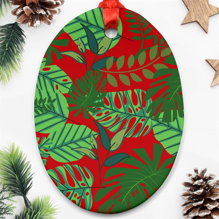 Leaves Pattern Red Green Nature Ornament (Oval)