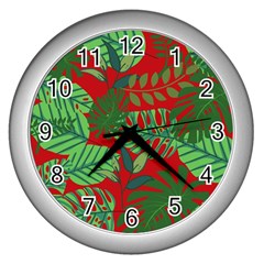 Leaves Pattern Red Green Nature Wall Clock (silver) by Wegoenart