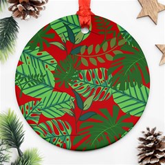 Leaves Pattern Red Green Nature Round Ornament (two Sides) by Wegoenart