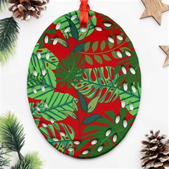 Leaves Pattern Red Green Nature Ornament (oval Filigree) by Wegoenart