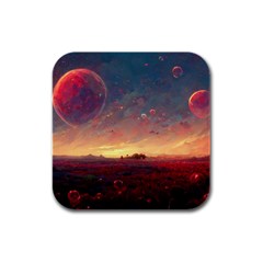 Fantasy World Red Bubbles Landscape Rubber Square Coaster (4 Pack) by Wegoenart