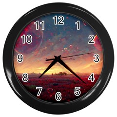 Fantasy World Red Bubbles Landscape Wall Clock (black) by Wegoenart