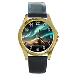 Northern Light North Sky Night Round Gold Metal Watch by Ravend