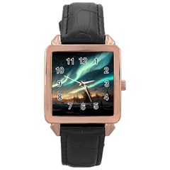 Northern Light North Sky Night Rose Gold Leather Watch  by Ravend