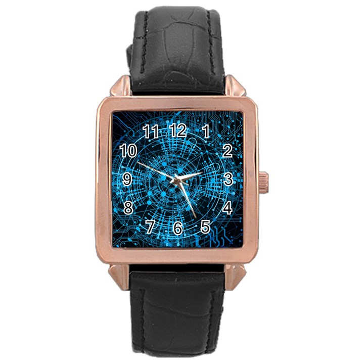 Network Circuit Board Trace Rose Gold Leather Watch 