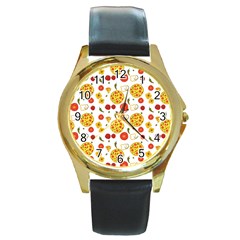 Illustration Pizza Background Vegetable Round Gold Metal Watch by Ravend